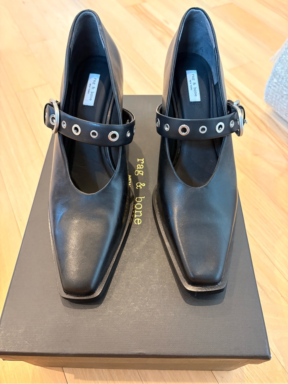 rag & bone Black Leather Mary Jane Pumps with Eyelet Strap